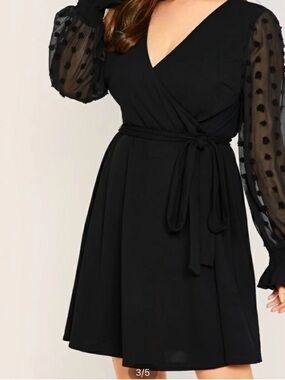 SHEIN Size 1XL Black Faux Wrap Dress Belted with Sheer Dot Long Sleeve